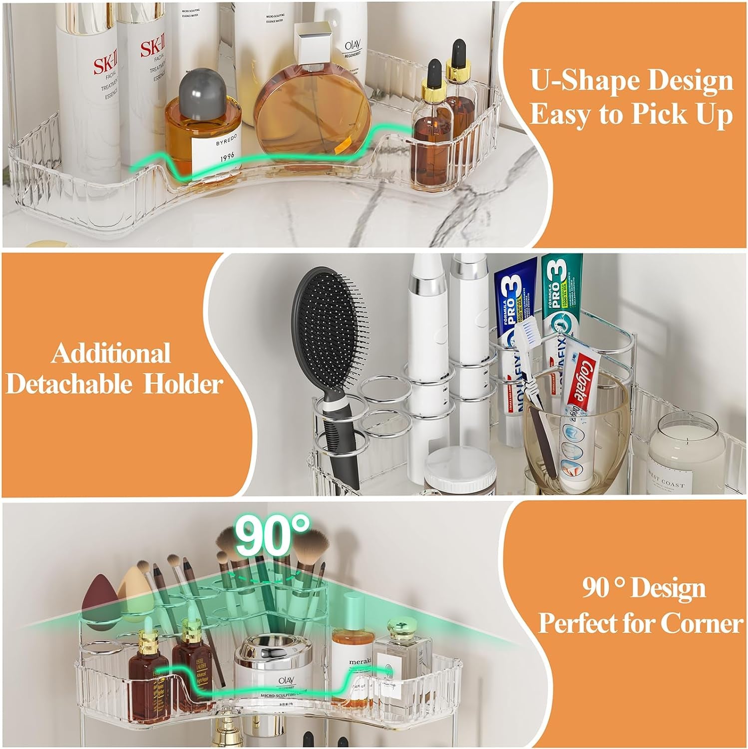 2-Tier Corner Bathroom Counter Organizer with Makeup Brush Holder