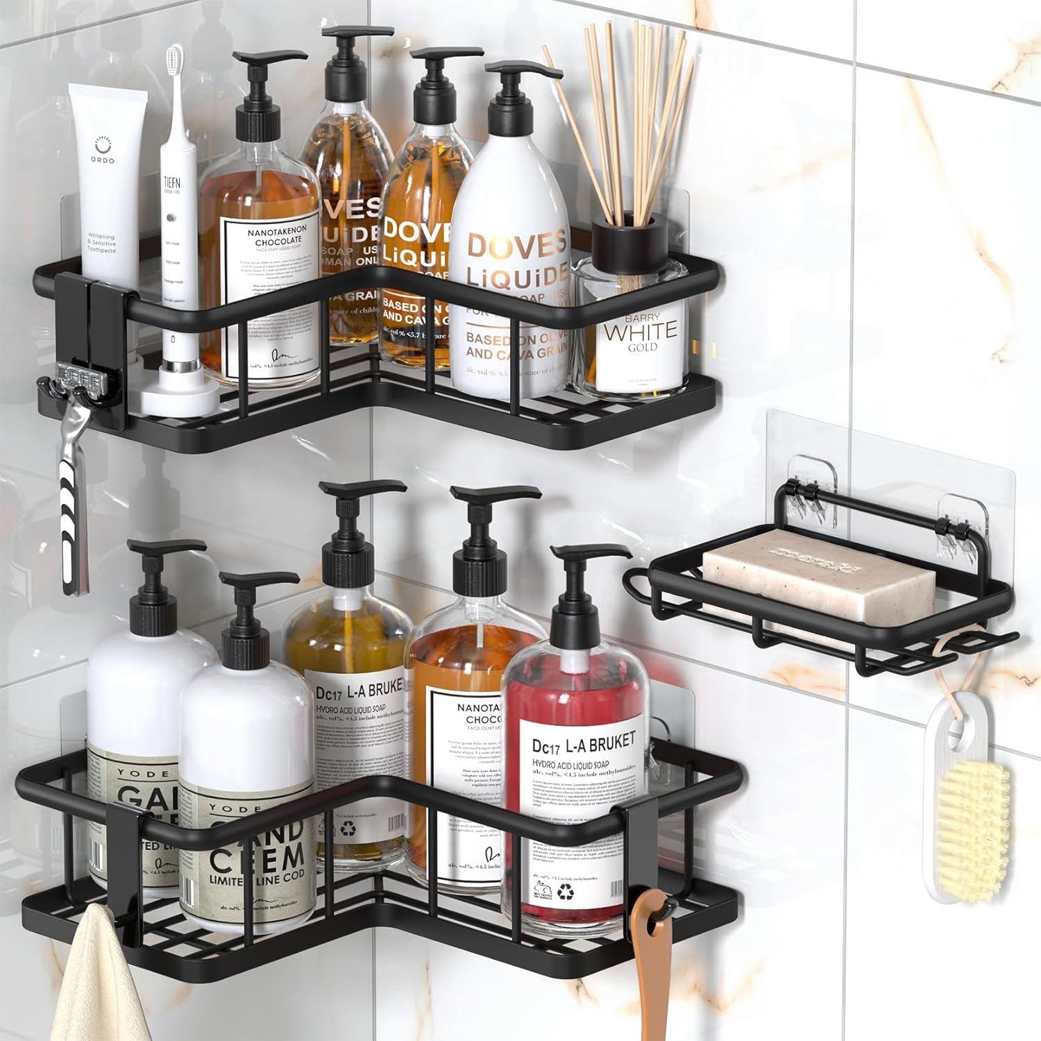 Corner Caddy 3-Pack: Rustproof Shower Organizer with Hooks