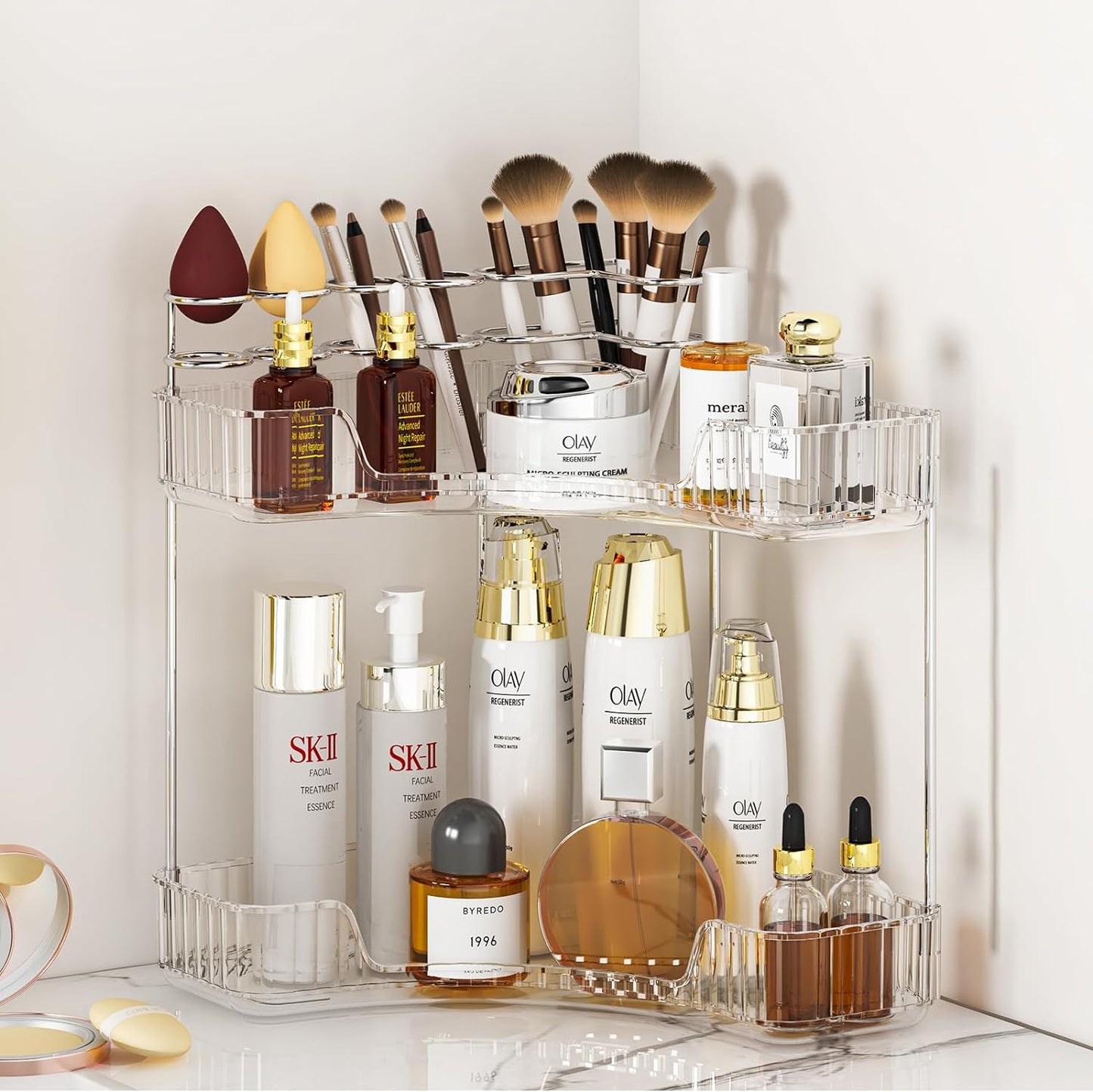 2-Tier Corner Bathroom Counter Organizer with Makeup Brush Holder